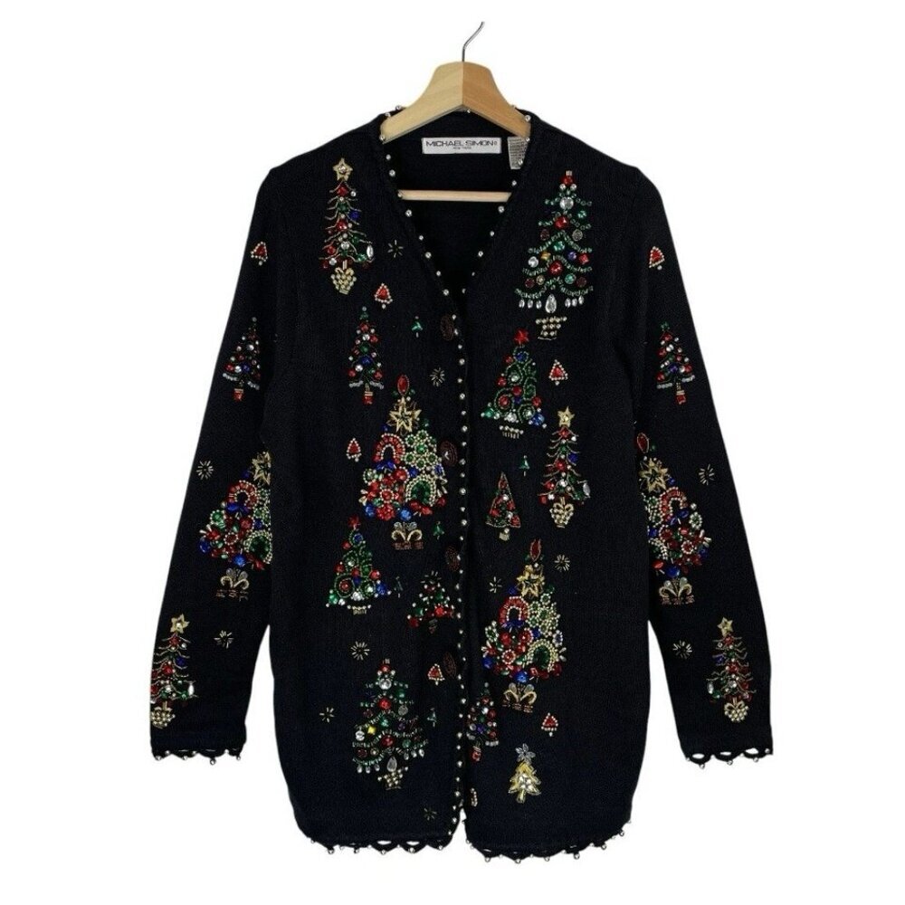 Michael Simon Christmas Tree Holiday Cardigan‎ Sweater Beaded Sequin VTG Size M
